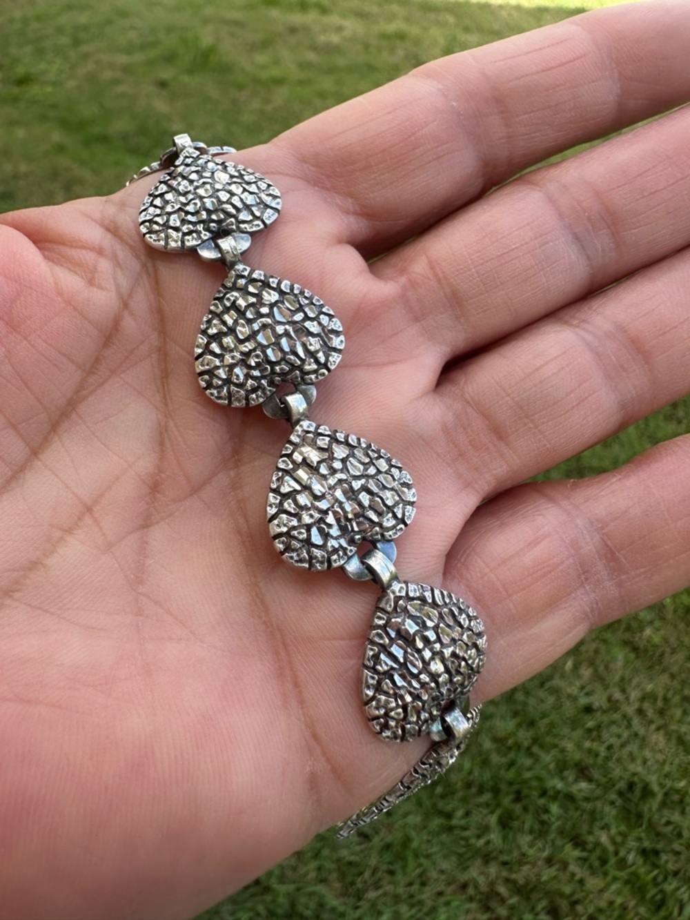 Vintage Hammered Sterling Silver 925 Heart Link Bracelet